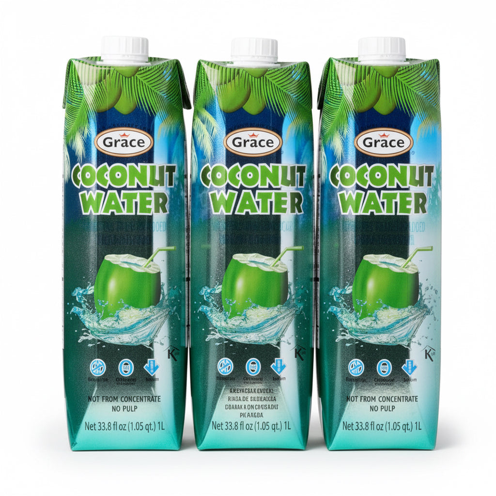 Grace 100% Pure Coconut Water - 1 Liter - 3 Pack - Fresh Coconut Water